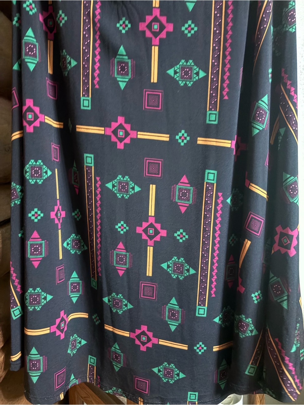 LuLaRoe Black Maxi Skirt with Pink, Teal & Mustard Geometric Print